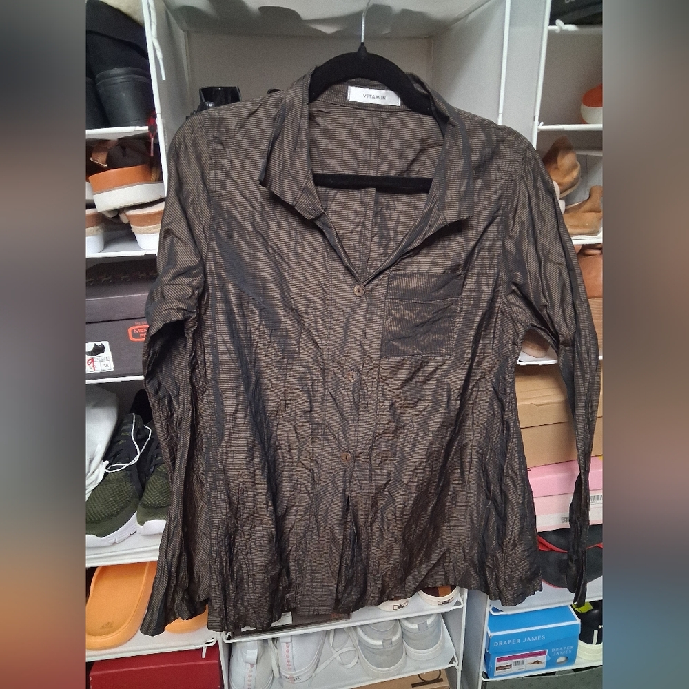 Vitamin A Brown Metallic-Shift Button Down Shirt